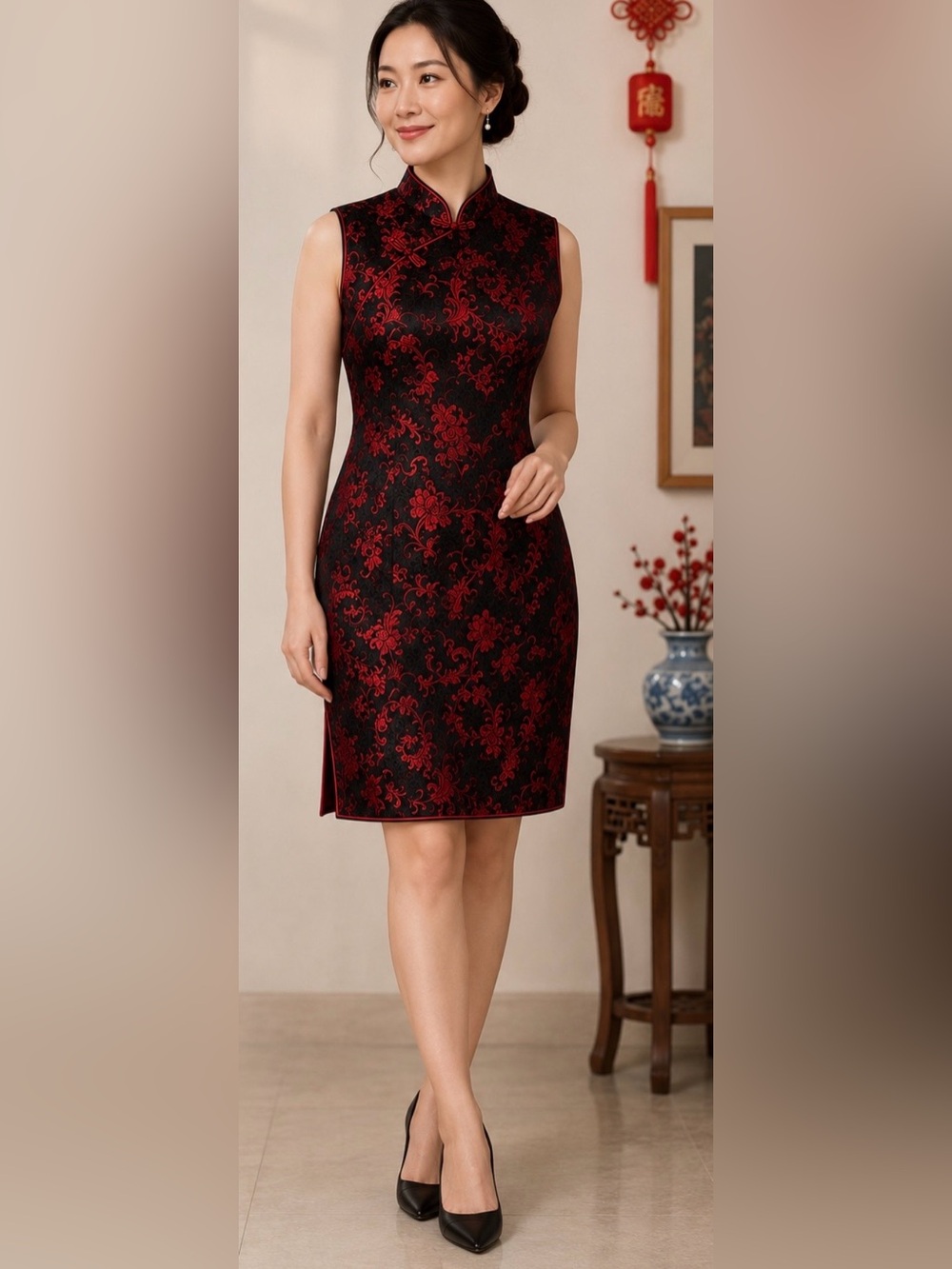 size Large 12-14 Red black Asian dragon bodycon style dress sleeveless chinese